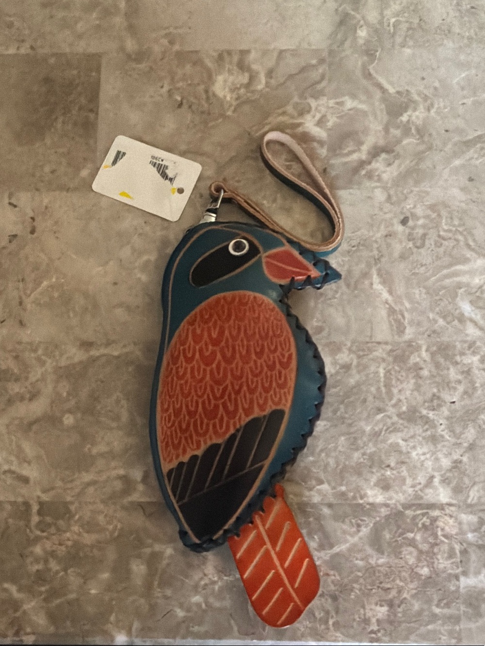 Bird-Shaped Wristlet Coin Purse in Teal & Rust
